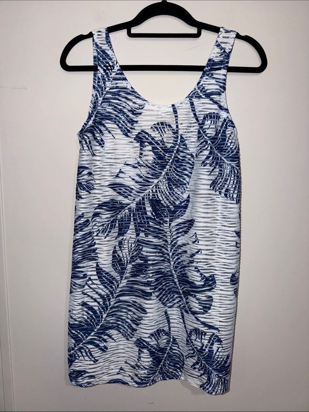 Sleeveless Navy Leaf Print Swim Cover-Up -